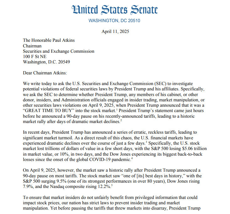 Senate Calls for SEC Probe into Trump Market Post. Source: U.S. Senate