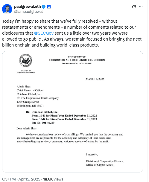 Coinbase SEC Letter Disclosure Review Ends. Source: Paul Grewal on X