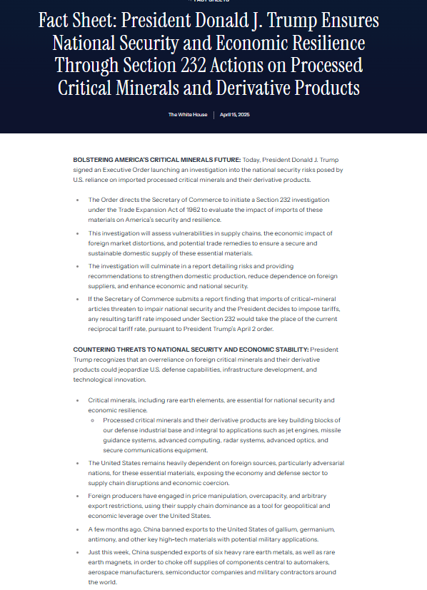 Trump Section 232 Tariff Order on Critical Minerals. Source: The White House