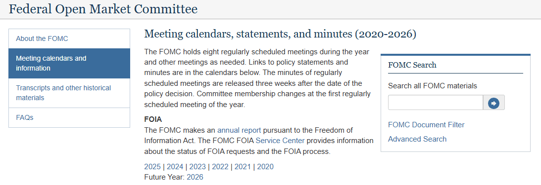 FOMC Meeting Calendar and Minutes 2020–2026. Source: Federal Reserve