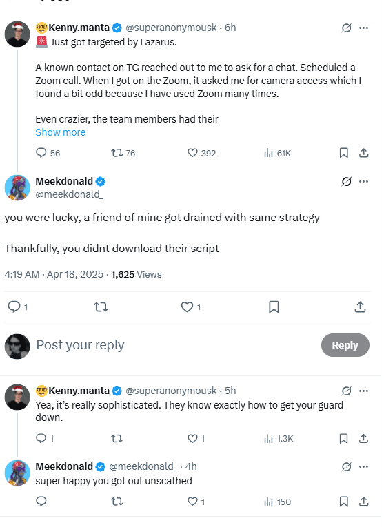 Lazarus Zoom Scam Confirmed by Multiple Victims. Source: Kenny Li and Meekdonald on X