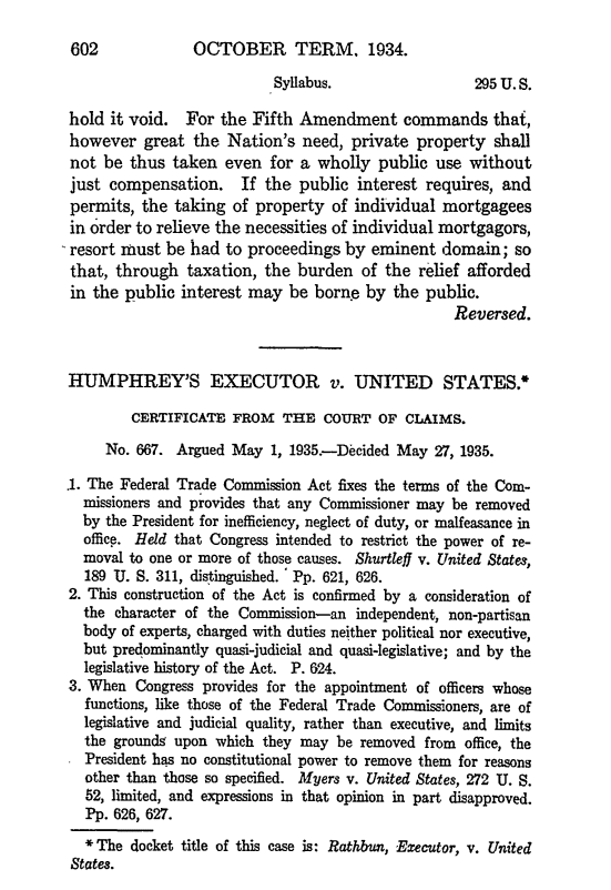 Humphrey's executor against the summary of the United States. Source: Supreme Court of the United States