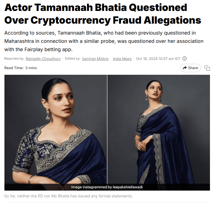 High Bollywood Celebrities Related With Crypto Investments in India 4 Tamannaah Bhatia Questioned Over Crypto Fraud Case. Source: News18