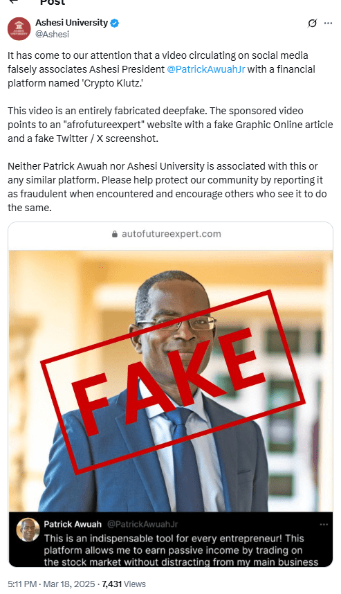 $200M Deepfake Crypto Rip-off Uncovered in Q1 2025: GoPlus Safety Particulars New Pockets-Draining Techniques 2 Fake Deepfake Video Targets Ashesi President. Source: Ashesi University
