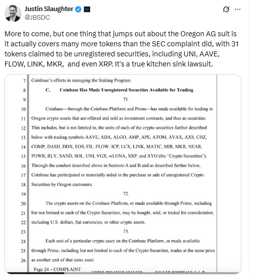Coinbase Sued by Oregon Legal professional Common for Itemizing XRP, 30 Different Tokens as Securities 1 Oregon Lawsuit Targets 31 Tokens as Securities. Source: Justin Slaughter on X