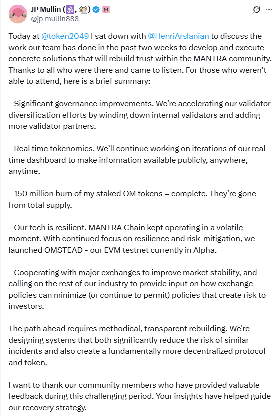 MANTRA Recovery Steps at Token2049. Source: JP Mullin on X