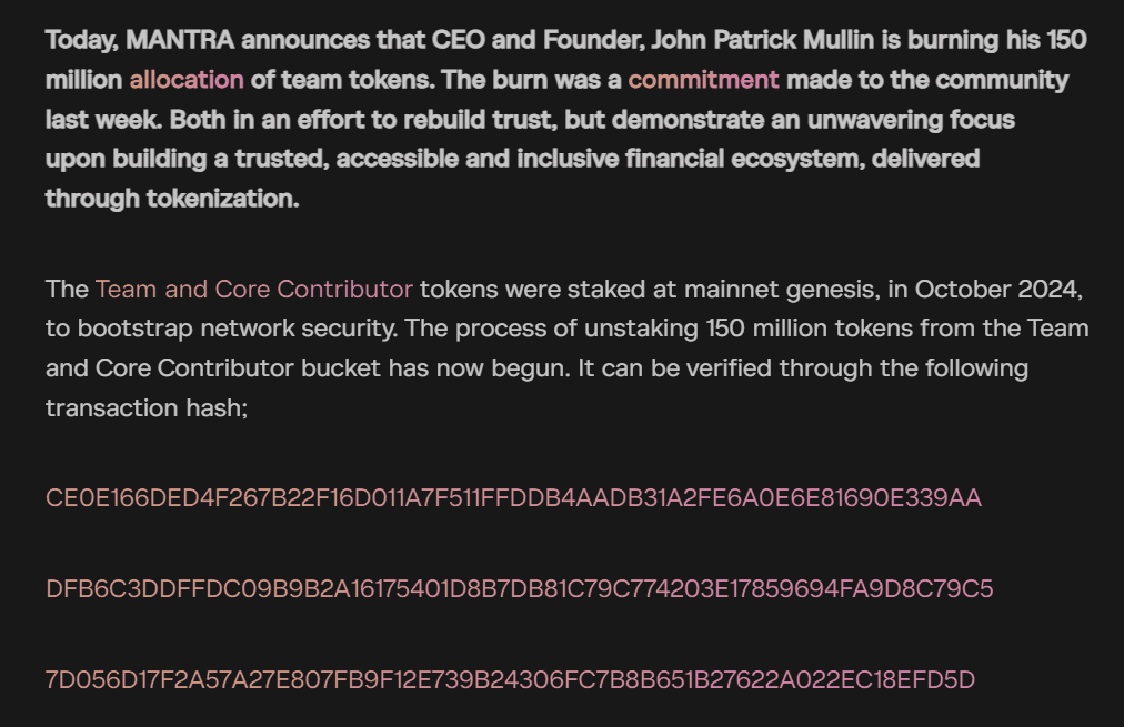150M OM Token Burn Transaction. Source: MANTRA Chain