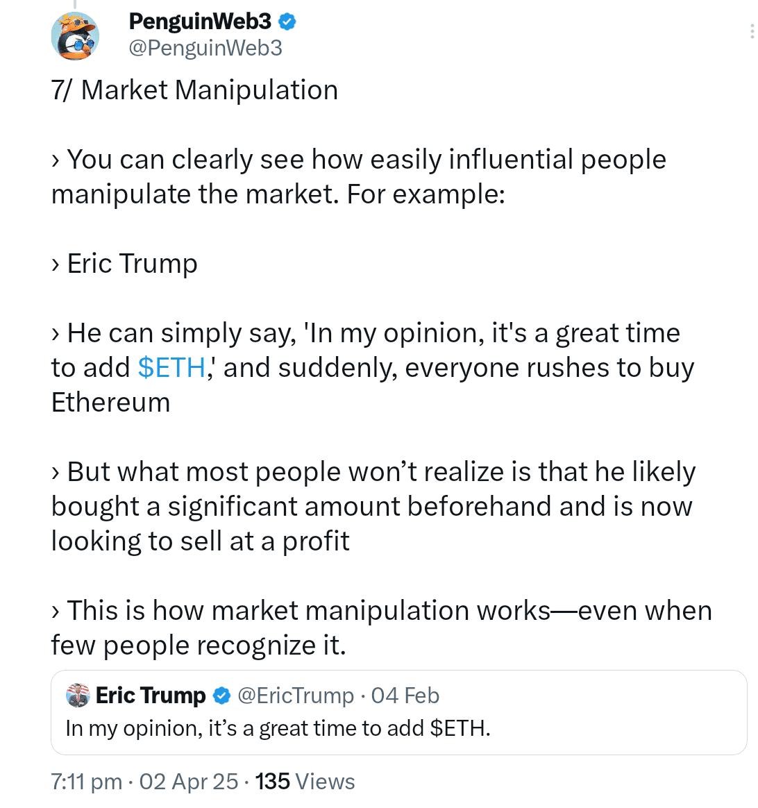 Critics accuse Eric Trump of ETH market manipulation