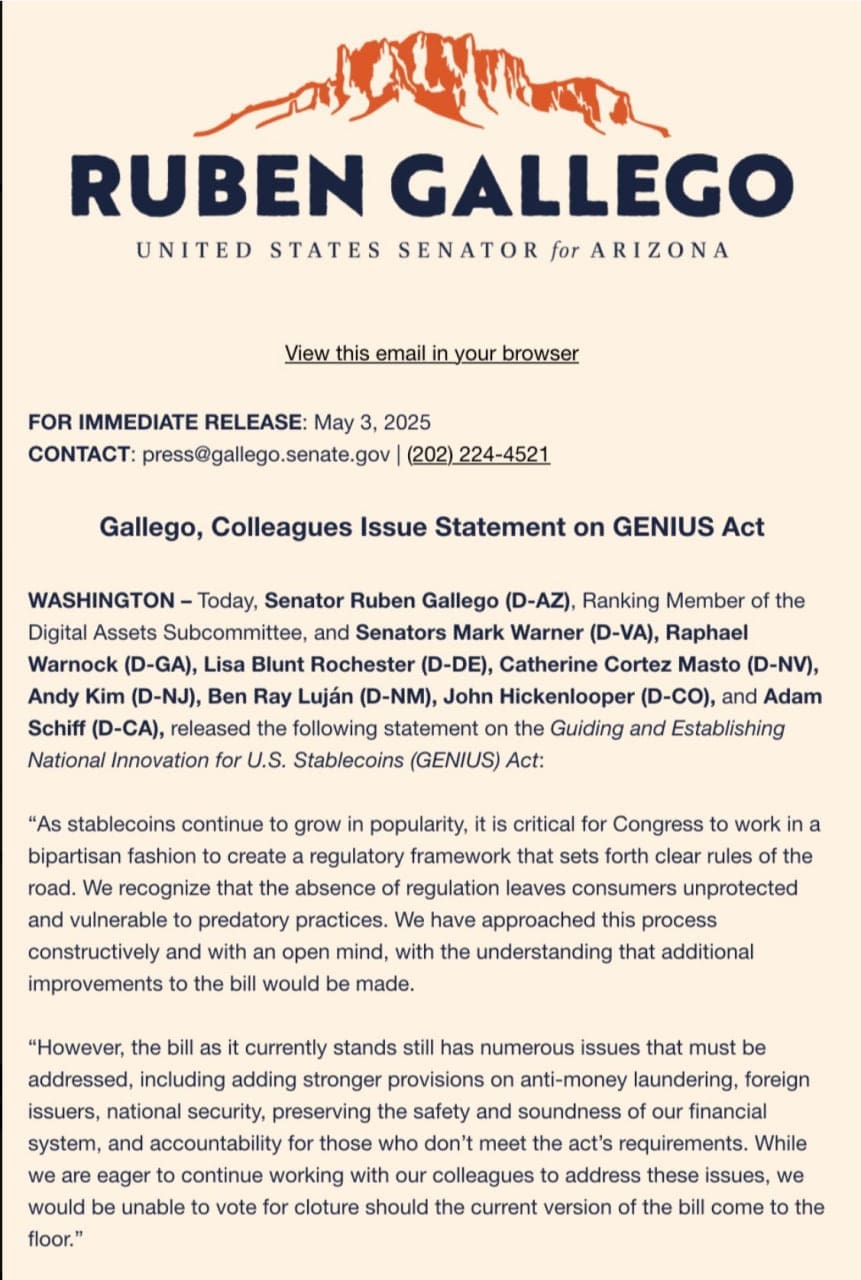 Democratic Senators’ Official Statement on GENIUS Act. Source: Office of Senator Ruben Gallego