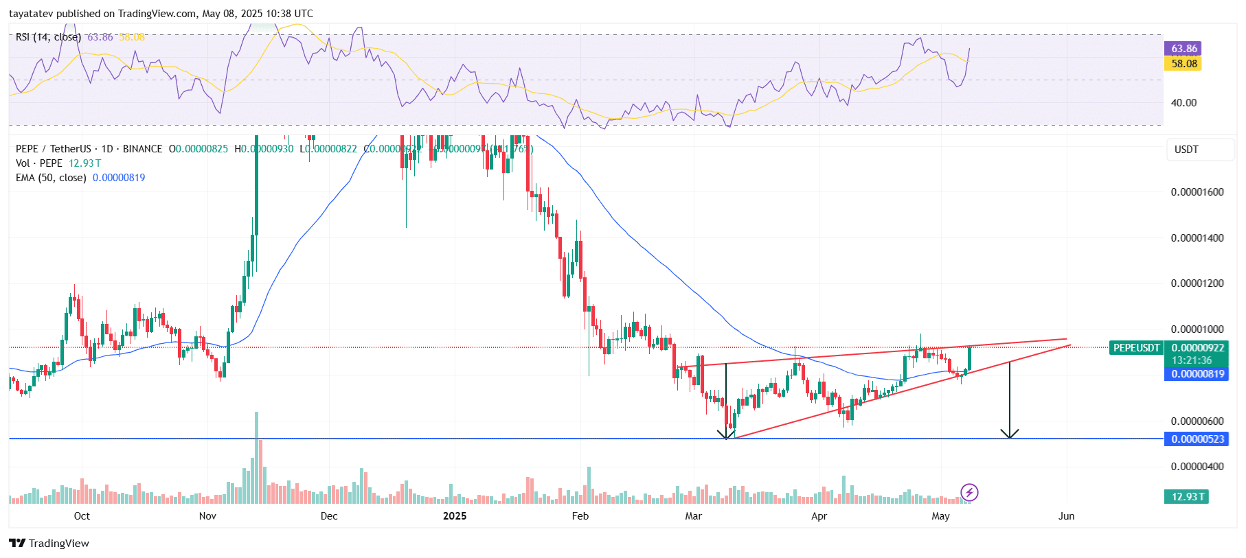 PEPE USD Rising Wedge Breakdown RiskSource: TradingView