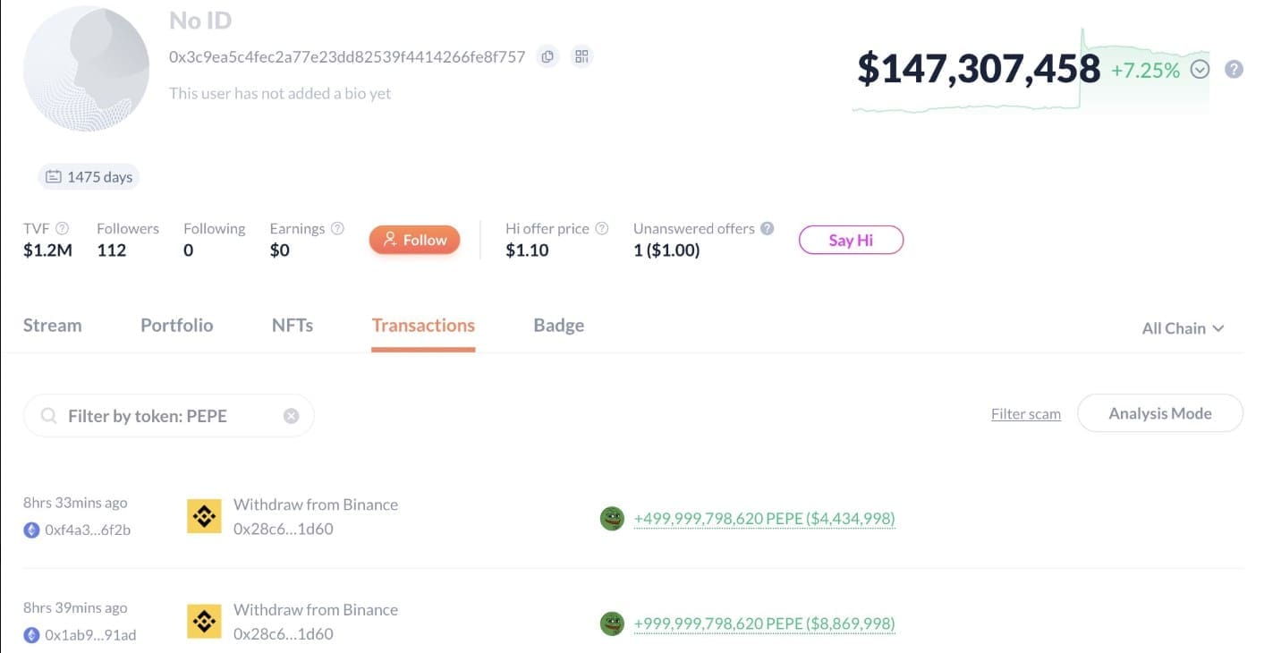 Whale Withdraws $13.3M in PEPE From Binance. Source: Lookonchain