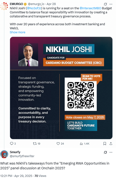 Nikhil Joshi Campaigns for Cardano Budget Committee Role. Source: EMURGO on X