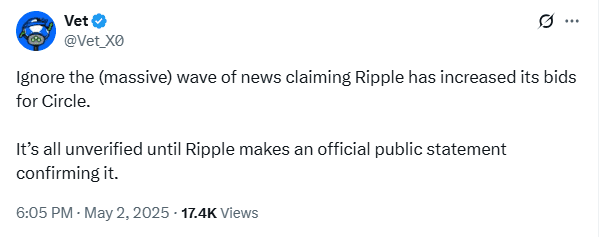 Ripple Bid Rumor Dismissed by Community Member. Source: Vet_X0 on X