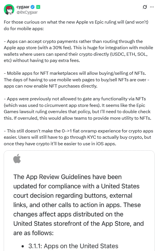 Apple App Store Guideline Change After Epic Ruling. Source: @0xCyGaar on X