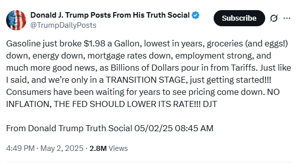 Trump Demands Fed Rate Cut Citing $1.98 Gas and Strong Jobs. Source: Truth Social