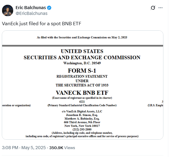 VanEck Spot BNB ETF Filing Document. Source: Eric Balchunas on X