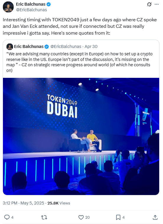 CZ Zhao Speaks at TOKEN2049 Dubai. Source: Eric Balchunas on X