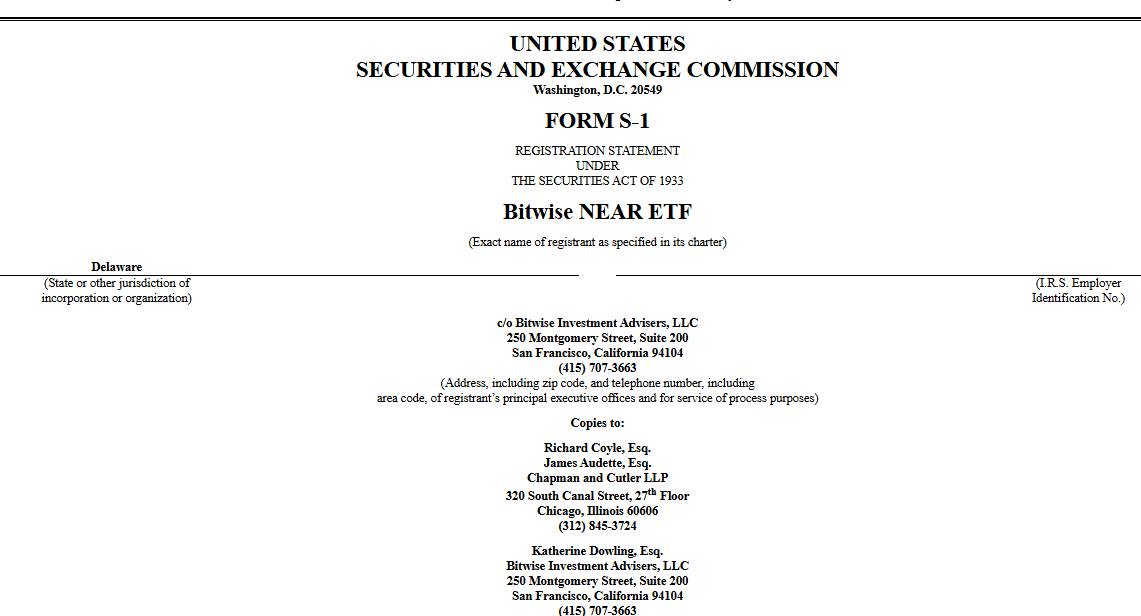Bitwise NEAR ETF SEC Filing Form S-1. Source: U.S. Securities and Exchange Commission