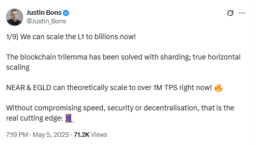 Justin Bons on NEAR and EGLD Scaling Potential. Source: Justin Bons on X