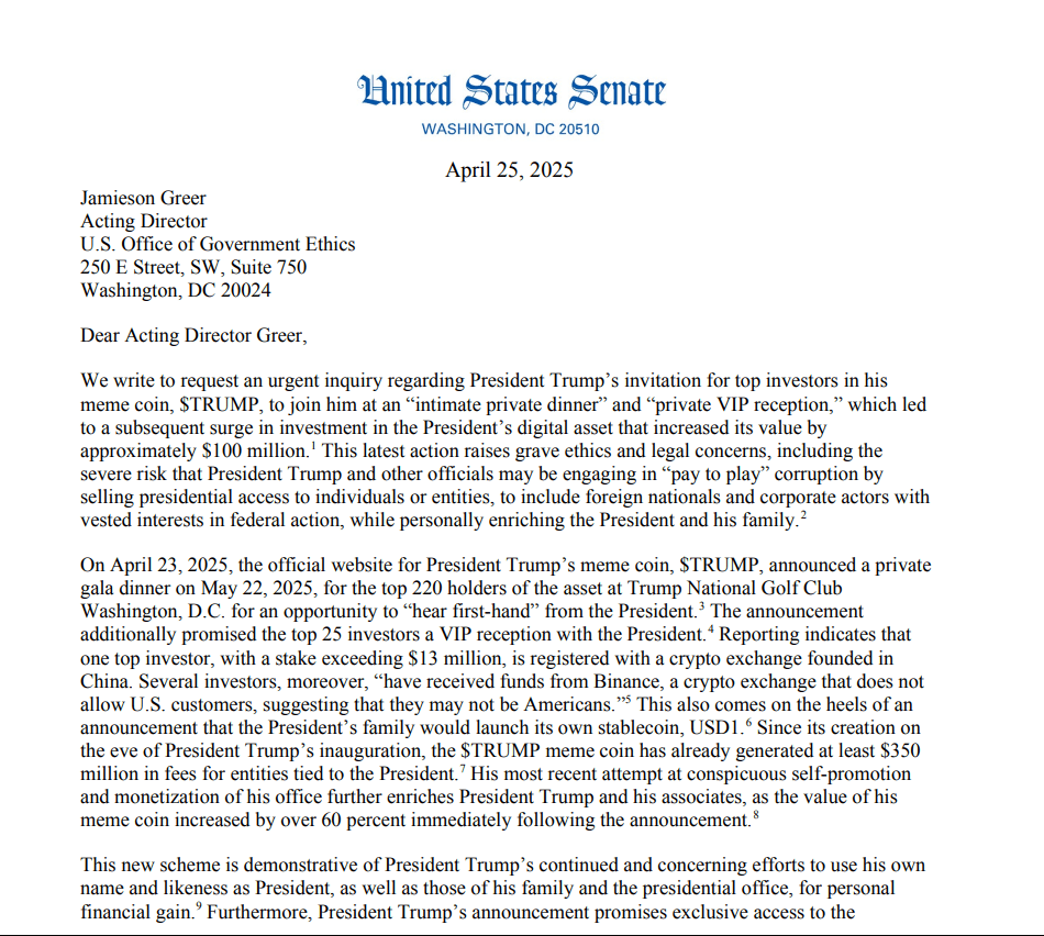 Senators Call for Ethics Probe Into Trump Memecoin Dinner. Source: U.S. Senate
