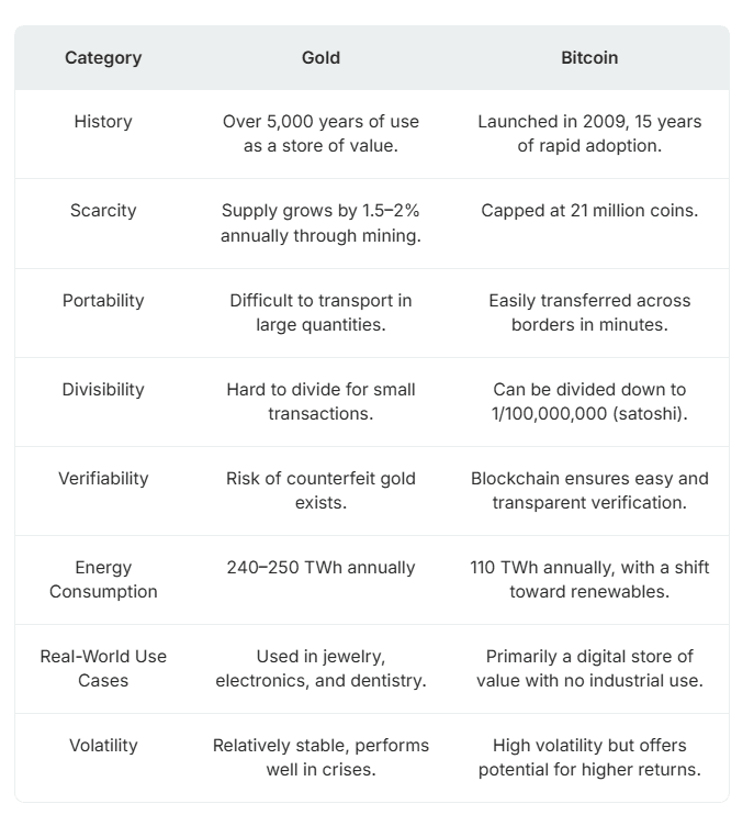 Gold vs Bitcoin Comparison Table 2025. Source: Visual Capitalist