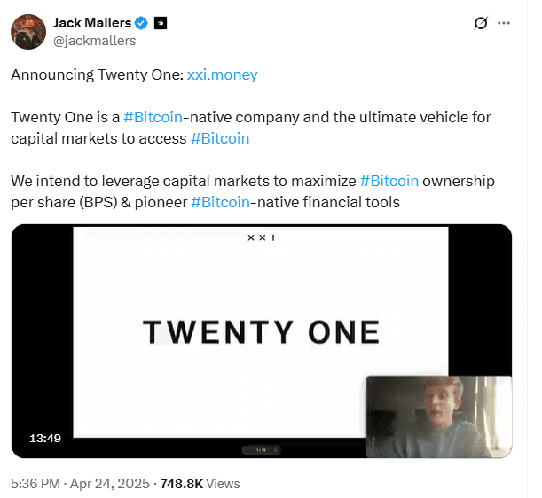 Jack Mallers Launches Twenty One Capital. Source: X