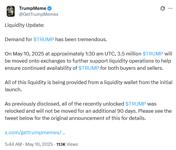 TRUMP Meme Coin Liquidity Transfer Announcement. Source: @GetTrumpMemes on X