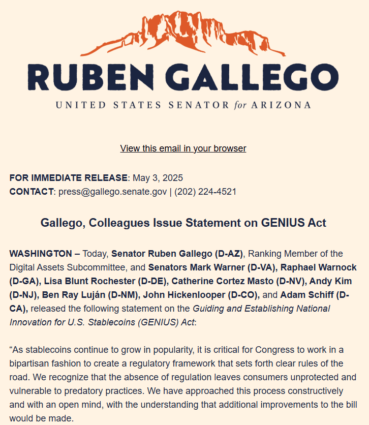 GENIUS Act Opposition Statement by U.S. Senators. Source: rubengallego.house.gov