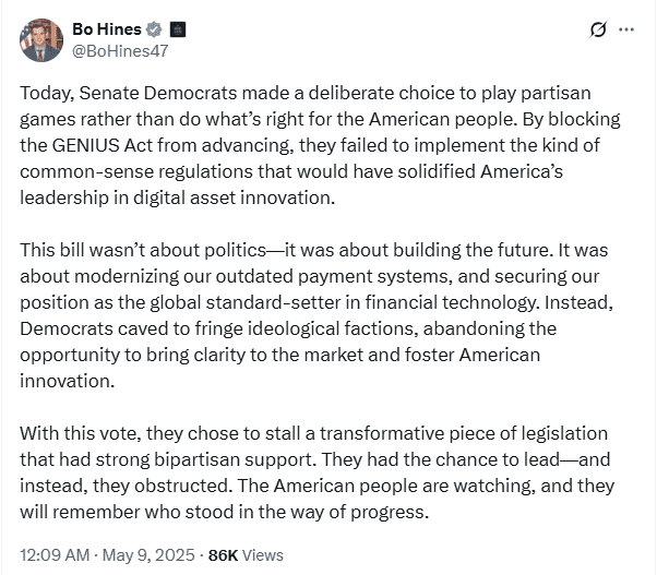 Bo Hines beats Democrats about Genius Act Block. Source: X (@bohines47)