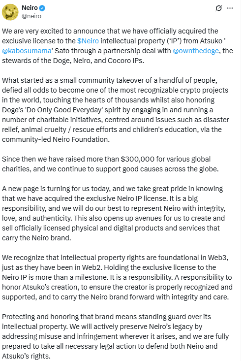Neiro secures exclusive IP deal with Doge Creator.source: Neiro on X