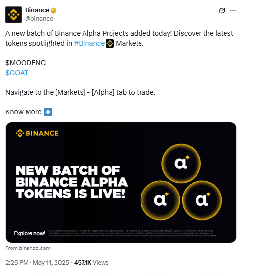 MOODENG Binance Alpha Listing Announcement. Source: Binance on X