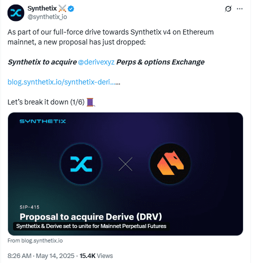 Synthetix to Purchase Derive in $27M Token Swap Utilizing Newly Minted SNX 1 Synthetix Derive SIP415 Merger. Source: Synthetix on X