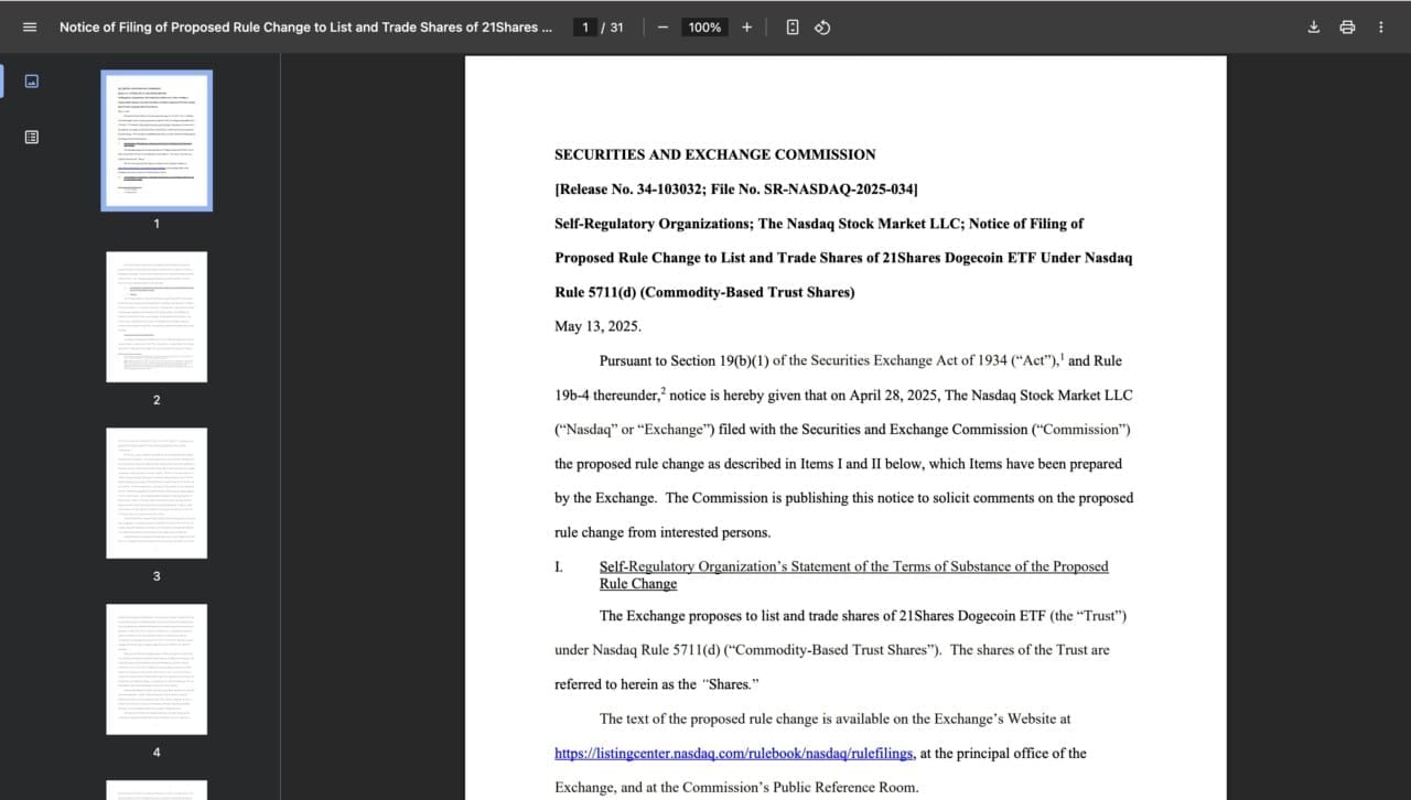  21Shares Dogecoin ETF Filing Accepted by SECSource: U.S. Securities and Exchange Commission