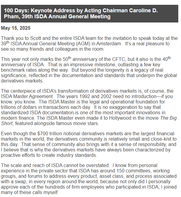 CFTC Faces Main Shakeup as Romero and Mersinger Resign Earlier than Quintenz Affirmation 1 Caroline Pham Speaks at ISDA AGM. Source: CFTC.gov