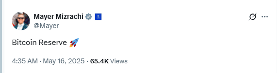 Bitcoin Reserve Post by Mizrachi. Source: Mayer Mizrachi on X