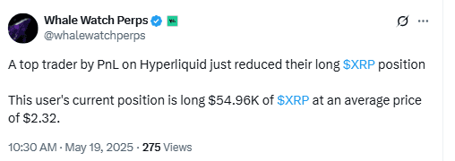 Whale Reduces Long XRP Position. Source: Whale Watch Perps on X
