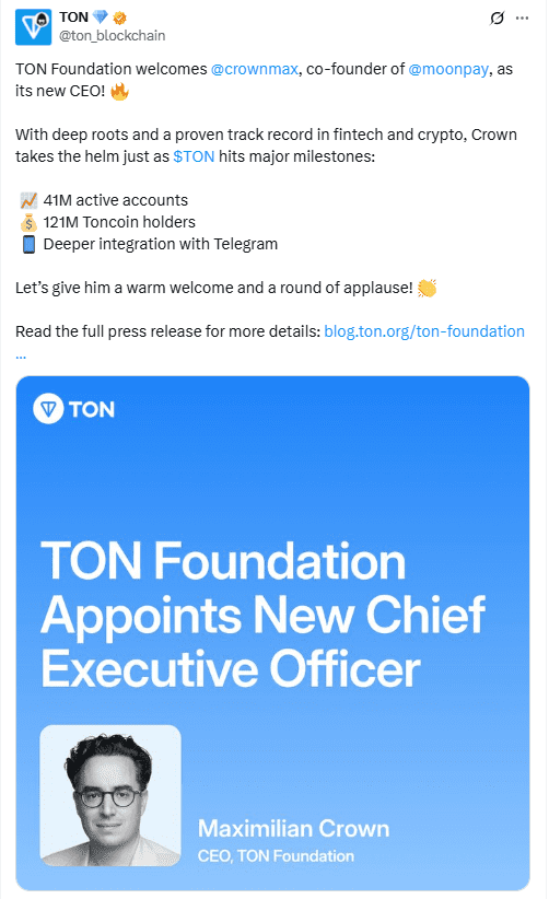 Toncoin Might Leap 19% After Telegram Bans Black Markets 2 Maximilian Crown Becomes TON CEO. Source: TON Foundation