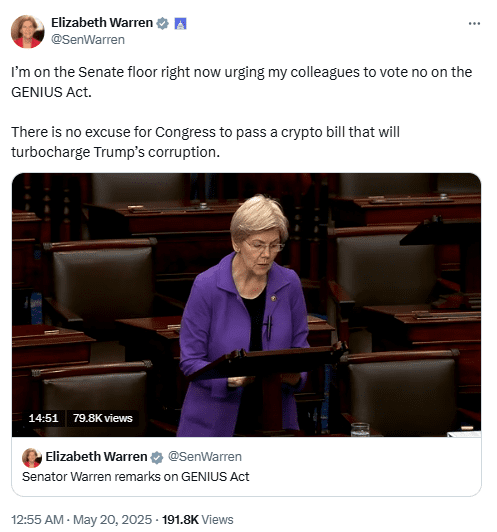 Crypto Stablecoin Invoice Clears Key Senate Vote Regardless of Trump Battle Issues 1 Elizabeth Warren Opposes GENIUS Stablecoin Bill on Senate Floor. Source: SenWarren on X