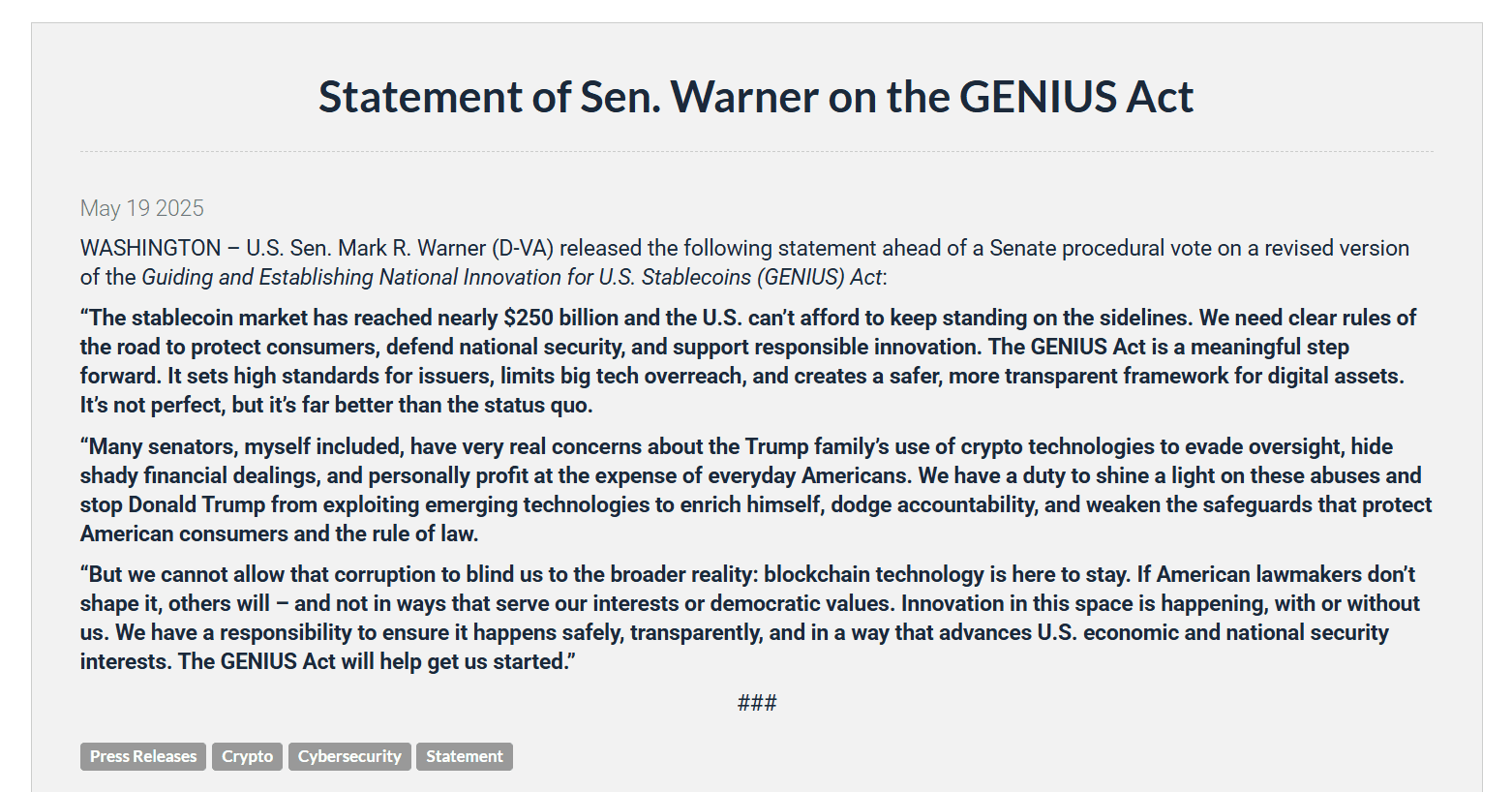 Crypto Stablecoin Invoice Clears Key Senate Vote Regardless of Trump Battle Issues 2 Mark Warner Backs GENIUS Stablecoin Bill Amid Trump Crypto Criticism. Source: Senator Mark Warner