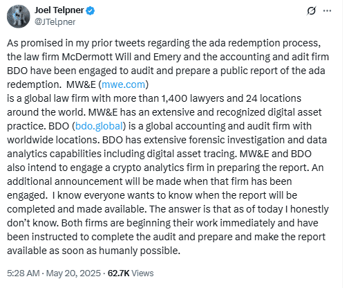 ADA Redemption Audit Confirmed. Source: Joel Telpner on X