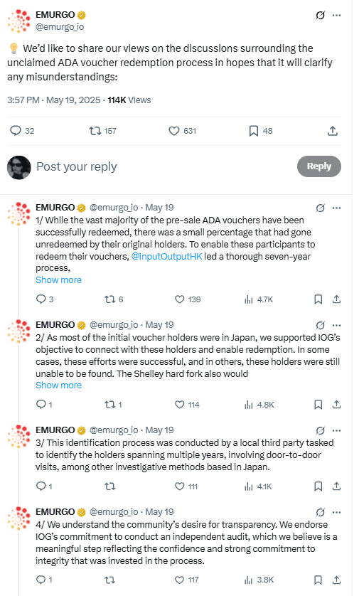 Cardano Faces 32% Crash Danger as Audit Heats Up and GITEX Highlight Looms 2 Emurgo Defends ADA Voucher Redemption. Source: Emurgo on X