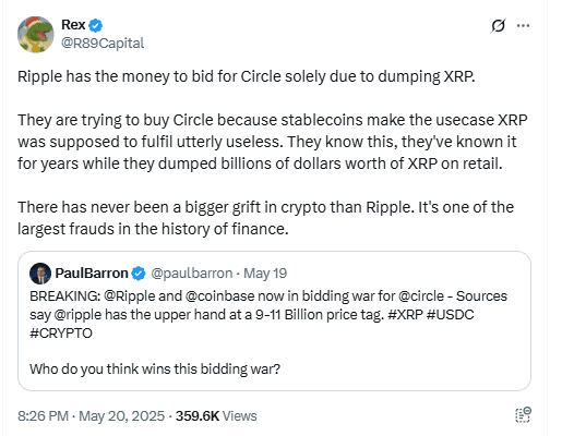 Ripple-Circle Bid Criticized as XRP Dump Allegation Surfaces. Source: X/@R89Capital