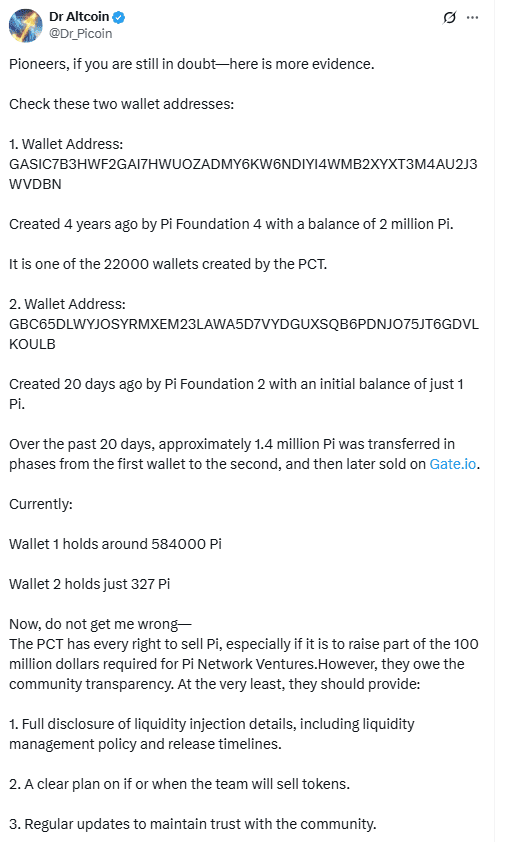 Dr. Picoin Reveals 1.4M PI Token Transfers Linked to Pi Foundation WalletsSource: X