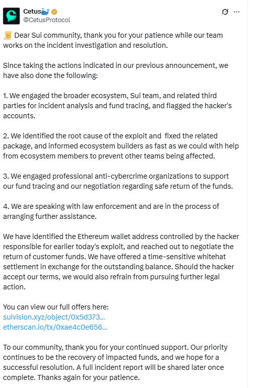Cetus Protocol declaration of USD 260 million exploit. Source: X (@cetusprotocol)