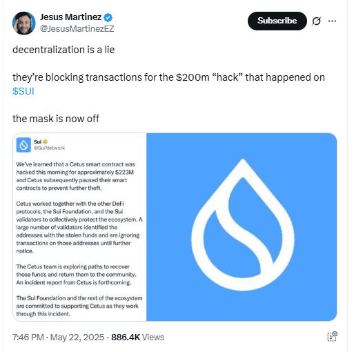 Jesus Martinez criticizes Sui about Cetus -Hack. Source: X (@jesusmartinezez)