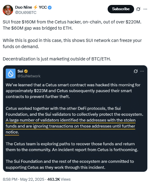 Duo Nine says that Sui Network freezes funds on Demand. Source: X (@du09Btc)