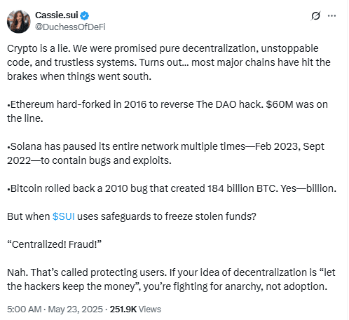 Cassie.sui defends the anti-hack measures of Sui Network. Source: X (@duchessofdefi)