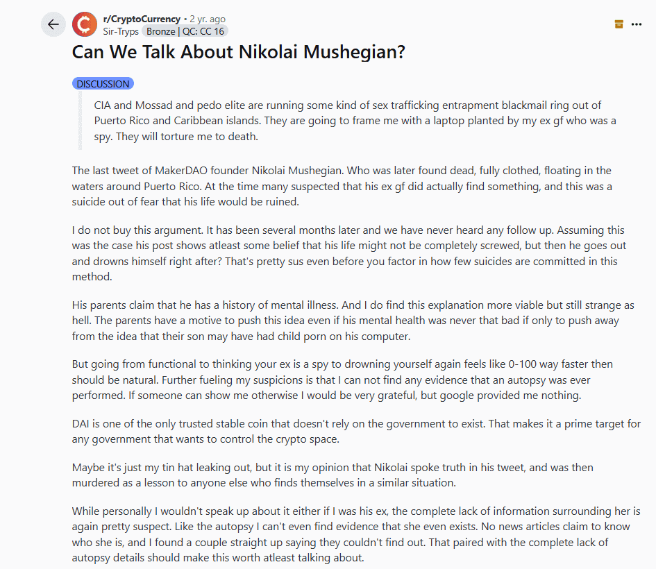 Nikolai Mushegian Death Conspiracy Claims Surface Online. Source: Reddit r/CryptoCurrency