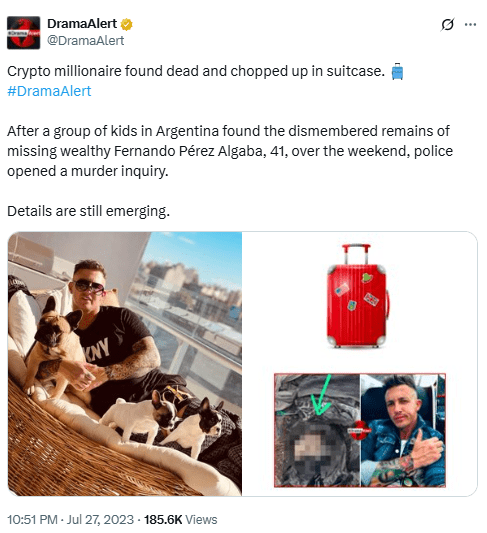 Crypto Millionaire Deaths and Kidnappings Increase Questions About Crypto Crime 1 Fernando Pérez Algaba Murder Case Goes Public. Source: DramaAlert on X