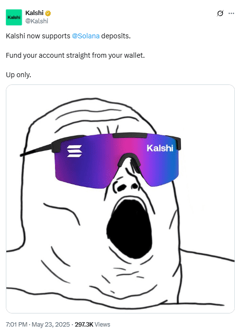 Kalshi Confirms Solana Support With Meme Post. Source: Kalshi on X